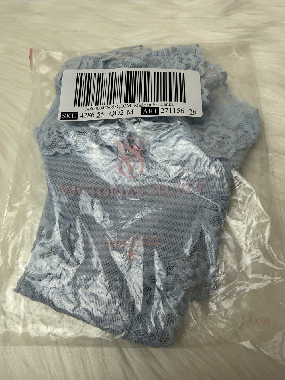 NWT Victoria's Secret Blue Cotton Sheer Stripe & Lace Thong with Pink Rose Sz M